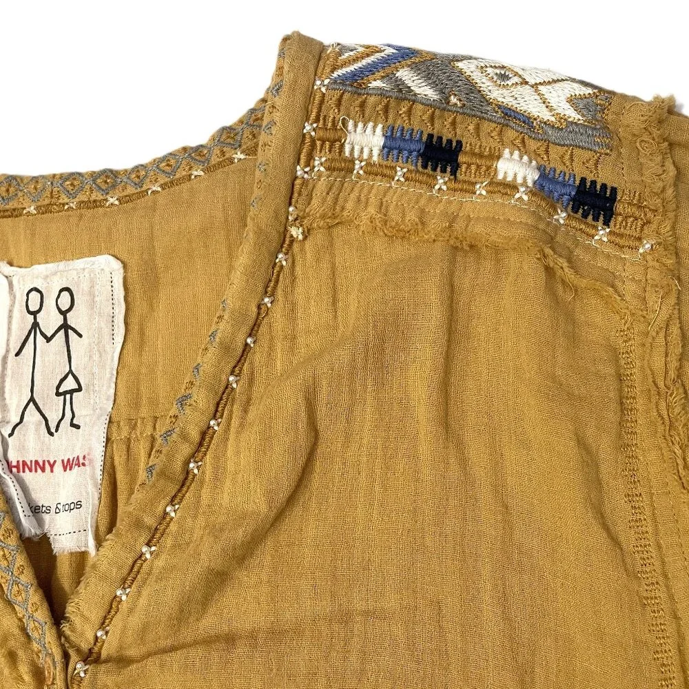 Johnny Was Mars Gauze Tunic Top Sz XL ? Gold Embroidered Aztec Beaded Frayed - Picture 12 of 16